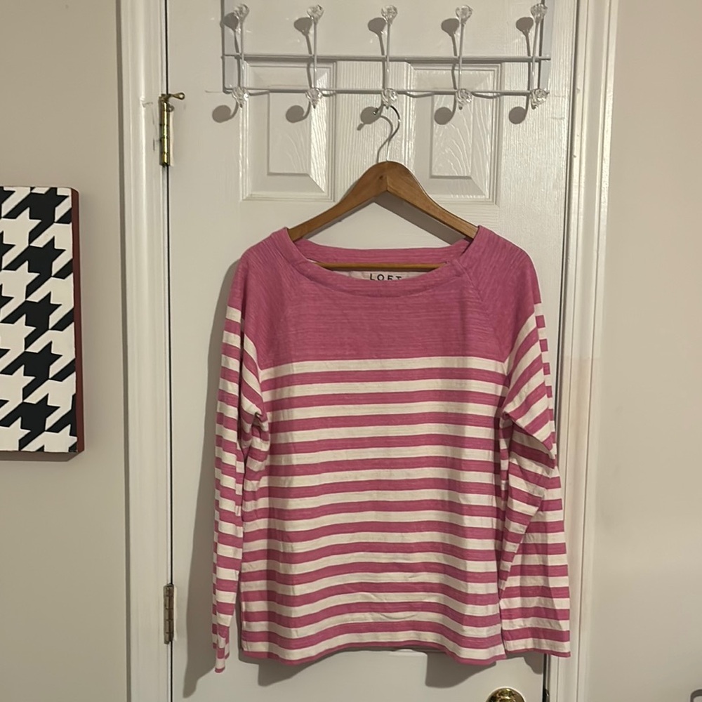 Pink and White Striped Long Sleeve LOFT Top